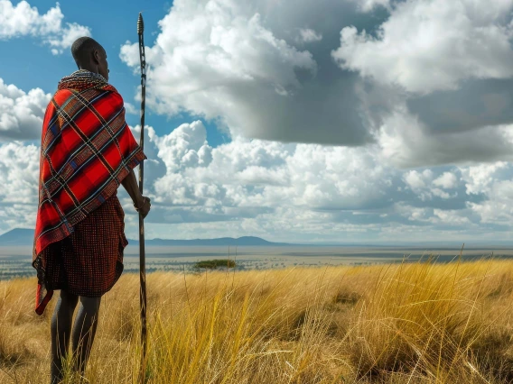 A man wearing a red and black blanket stands in a field