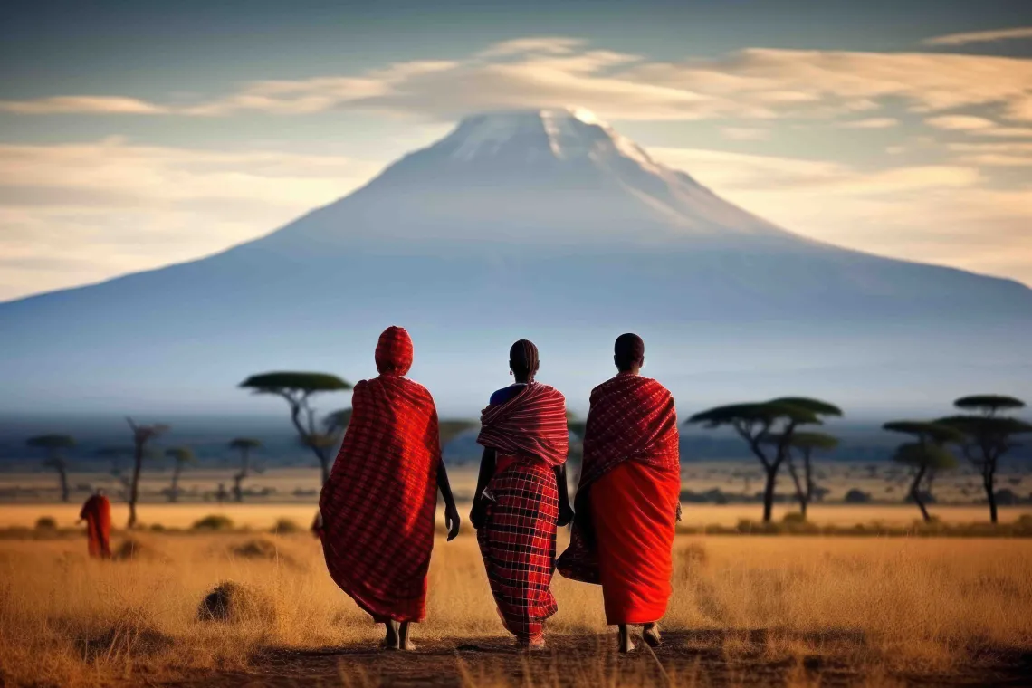 Three Maasai Indigenous Peoples facing mountain in a plain desert forest