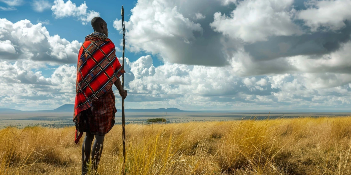 A man wearing a red and black blanket stands in a field